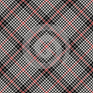 Glen check plaid pattern in black, red, off white. Seamless hounds tooth vector tweed background pixel art for skirt, blanket.