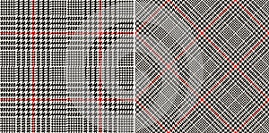 Glen check plaid pattern in black, red, off white. Seamless houndstooth tweed classic vector illustration set for jacket, coat, photo