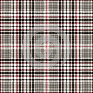 Glen check plaid pattern in black, red, white. Seamless hounds tooth vector plaid background texture for jacket, skirt, trousers.