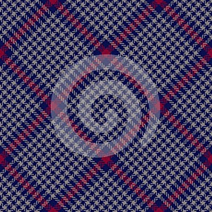 Glen check plaid pattern in navy blue, red, grey. Seamless herringbone dark vector tartan tweed background for jacket, skirt.