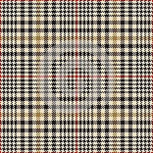 Glen check plaid pattern pixel art in black, red, gold, beige. Seamless hounds tooth vector tweed background for jacket, skirt.