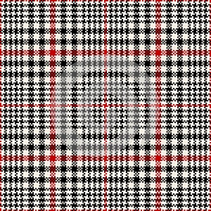 Glen check plaid pattern pixel art in black, red, off white. Seamless hounds tooth vector tweed background for jacket, skirt.