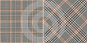 Glen check plaid pattern for spring autumn winter. Seamless pixel textured tartan tweed plaid in black, orange, beige for dress.