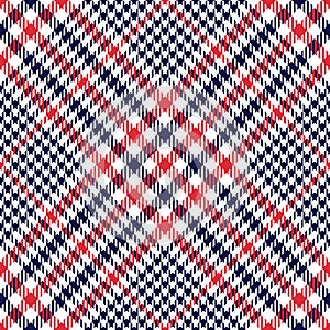 Glen check plaid pattern. Traditional seamless hounds tooth tweed plaid in navy blue, red, and white.