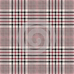 Glen check plaid pattern vector in black, red, off white. Seamless hounds tooth tartan check plaid tweed graphic.