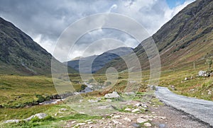 Glen Etive, with road and river running through the Munros.