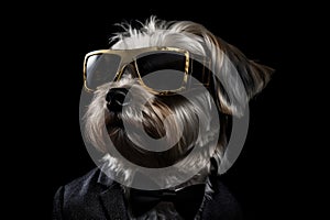 Glen Of Imaal Terrier In Suit And Virtual Reality On Black Background