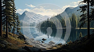 Glen Of A Lake: Realistic Hyper-detailed Painting Of Whistlerian Landscape photo