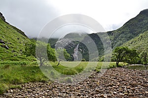 Glen Nevis valley with Steall Waterfall, second highest in Scotland, Fort William, Lochaber, Highlands, United Kingdom