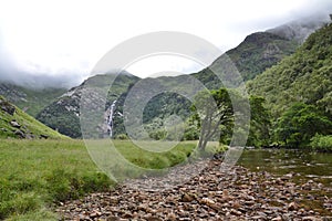 Glen Nevis valley with Steall Waterfall, second highest in Scotland, Fort William, Lochaber, Highlands, United Kingdom