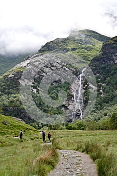 Glen Nevis valley with Steall Waterfall, second highest in Scotland, Fort William, Lochaber, Highlands, United Kingdom