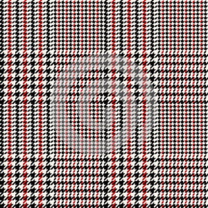 Glen plaid pattern in black, red, beige. Seamless hounds tooth check plaid background vector for dress, jacket, skirt.