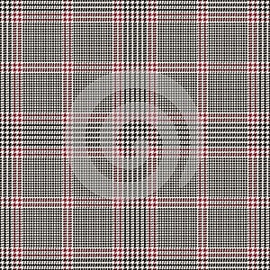 Glen plaid pattern in black, red pink, off white for spring autumn winter. Seamless tweed houndstooth tartan check graphic vector.
