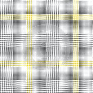 Glen plaid pattern in grey, yellow, white. Seamless hounds tooth tweed check plaid for jacket, coat, skirt, trousers, blanket.