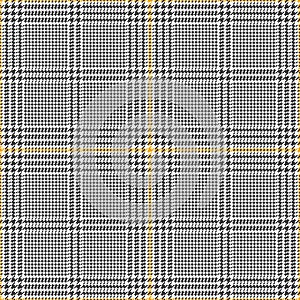 Glen plaid pattern in grey, yellow, white. Seamless hounds tooth vector tweed check background texture for jacket, skirt, trousers