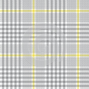 Glen plaid pattern in grey, yellow, white. Tweed check plaid tartan background texture for jacket, skirt, trousers, blanket.