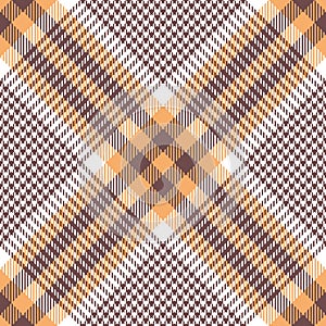 Glen plaid pattern in orange, brown, white.