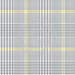 Glen plaid pattern. Seamless grey, yellow, and white hounds tooth tartan check plaid background for trousers, coat, skirt, jacket.