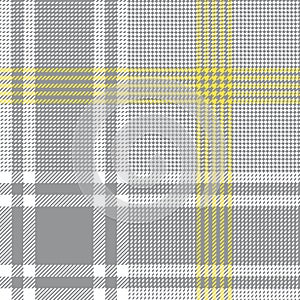 Glen plaid pattern seamless tartan vector background in grey yellow white. Abstract check plaid for jacket coat blanket.