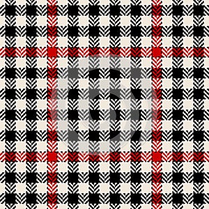 Glen plaid texture in black, red, off white. Seamless hounds tooth vector tweed stitched herringbone pattern for jacket, skirt.