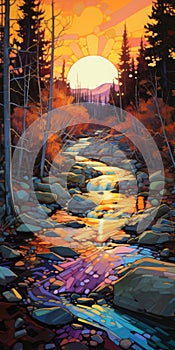 Glen With Sunset: Hyper Detailed Painting Of Mountain Stream In Erin Hanson Style