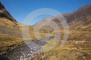 Glencoe Scotland UK famous tourist destination with river Scottish glen and mountains in Lochaber Scottish Highlands in spring