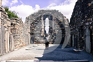 GLENDALOUGH, IRELAND - JUL 26, 2017: View of the ruins of the Glendalough cathedral ruins.