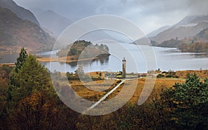 Glenfinnan monument, loch and mountains viewed from hilltop