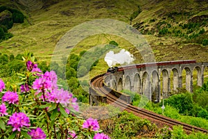 Glenfinnan Railway Viaduct in Scotland with a steam train in the spring time