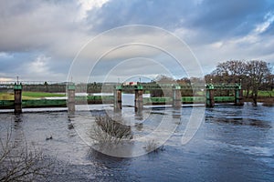 Glenlochar Barrage on the River Dee at Loch Ken, Galloway Hydro Electric Scheme