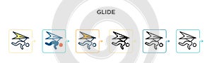 Glide vector icon in 6 different modern styles. Black, two colored glide icons designed in filled, outline, line and stroke style