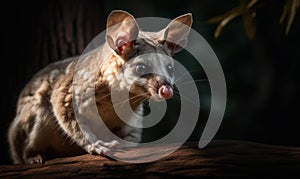 Glider also called Flying Phalanger perched on a eucalyptus branch in the Australian bushland its sharp claws gripping the rough