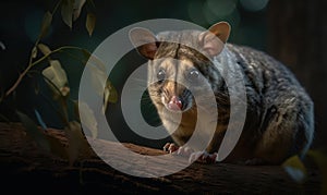 Glider also called Flying Phalanger perched on a eucalyptus branch in the Australian bushland its sharp claws gripping the rough