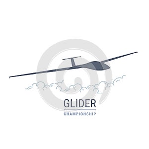 Gliding flight emblem with sailplane, soaring glider silhouette, none motive-powered aircraft vector