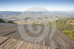 Gliding ramp over a green valley with blue skies background in Brazil