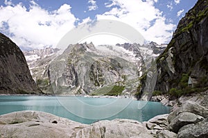 Glimer Lake, Glimersee by summer. Beautiful landscape in high mountains with turquoise water lake in swiss alps