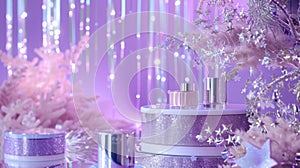 A glimmering lilac backdrop accented with shimmery silver stars sets the stage for this fantasyinspired podium and its