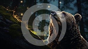 Glimmering Night Sky: Photorealistic Bear In Wizardcore Nature-inspired Imagery photo