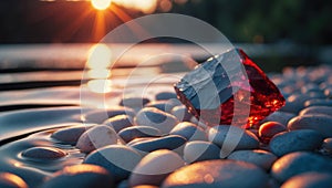 Red Gemstone on Smooth Stones at Sunset