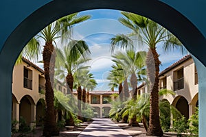 glimpse of blue sky through courtyard arches