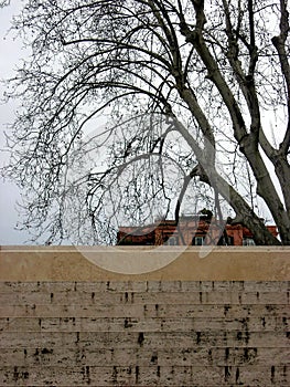 Glimpse of a building beyond the wall, with the silhouette of a bare tree, and gray skies