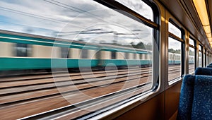 Express Train Ride View. Motion Blur Captures Speed and Journey Through Window on Tracks