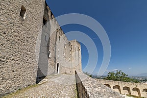 A glimpse of the external walls of the Rocca Albornoziana in the historic center of Spoleto, Italy