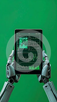 Futuristic Robot Analyzing Data on a Tablet