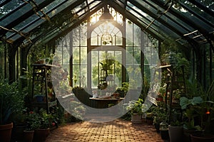 A Glimpse Inside a Greenhouse Teeming with Greenery. Generative By Ai