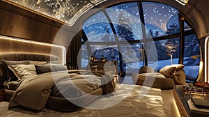 A glimpse inside a luxurious igloo complete with a plush bed furlined chairs and a mini bar all under a glass dome