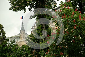 Glimpse of the ricolor flag on top of the Grand Palais in Paris