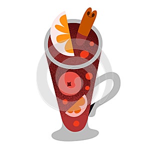 Glintwine in glass, mulled wine with spice, cinnamon stick, apple, orange fruit and berries, hand drawn doodle