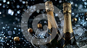 Glistening Bottles of Champagne in Ice Bucket, Festive Mood