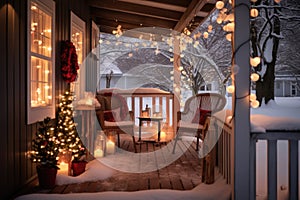 glistening christmas lights on a snow-packed front porch
